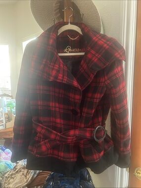 GUESS Red and Black Plaid Belted Peacoat